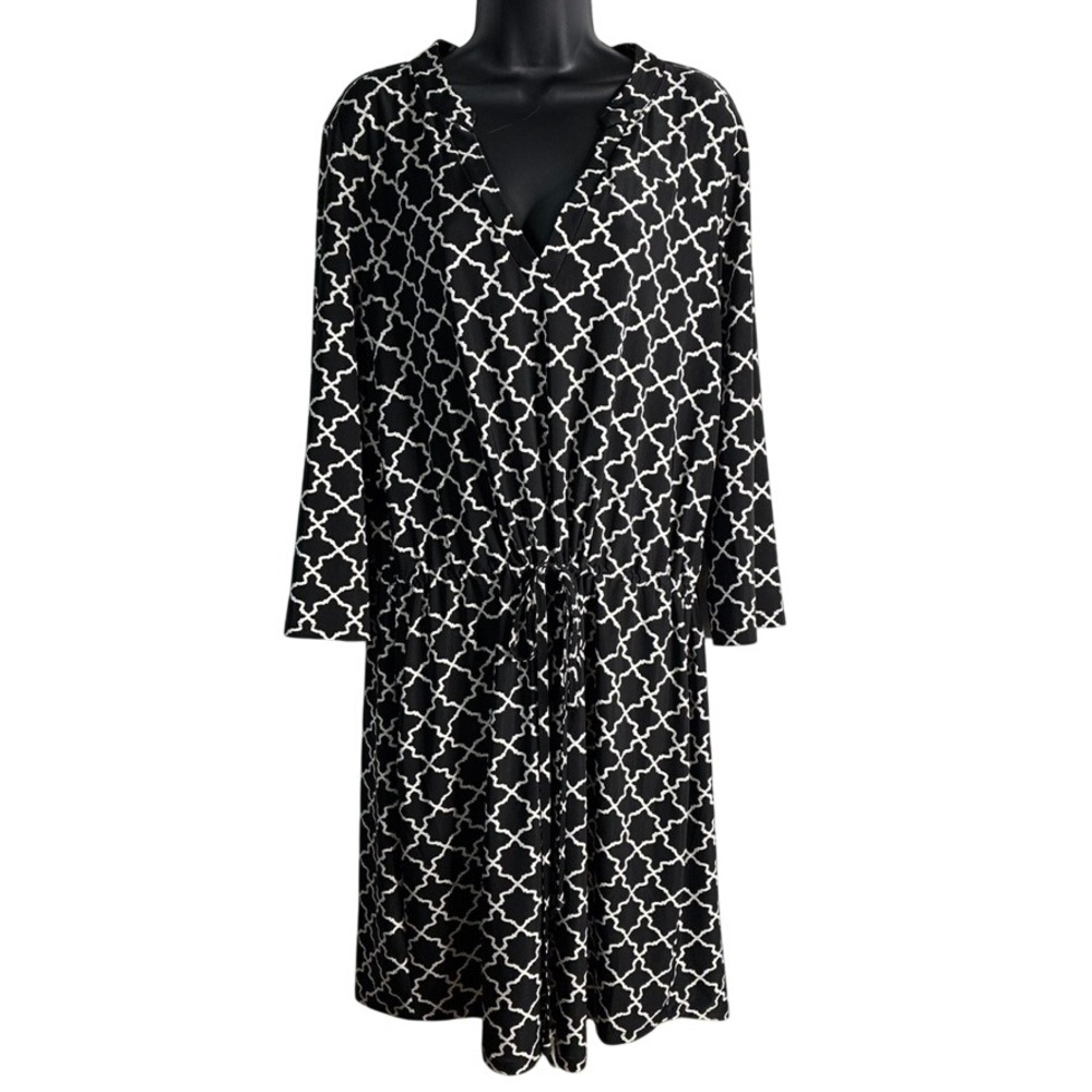 Tacera Black White Geometric Quatrefoil‎ V-Neck Drawstring Dress 2X 4609RKX